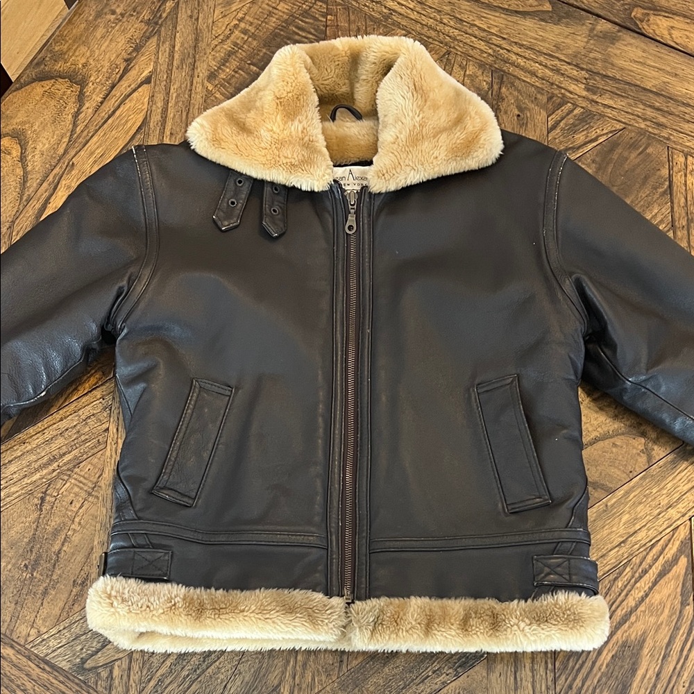 Sean Alexander Brown 100% Leather BomberJacket, Shearling Trim/Lining, Sz Kids M